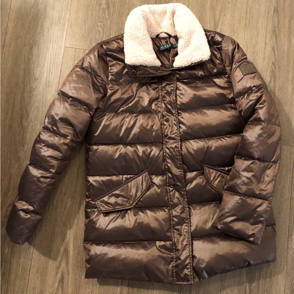 Ralph Lauren Bronze Quilted Puffer Jacket Sherpa Collar Size S